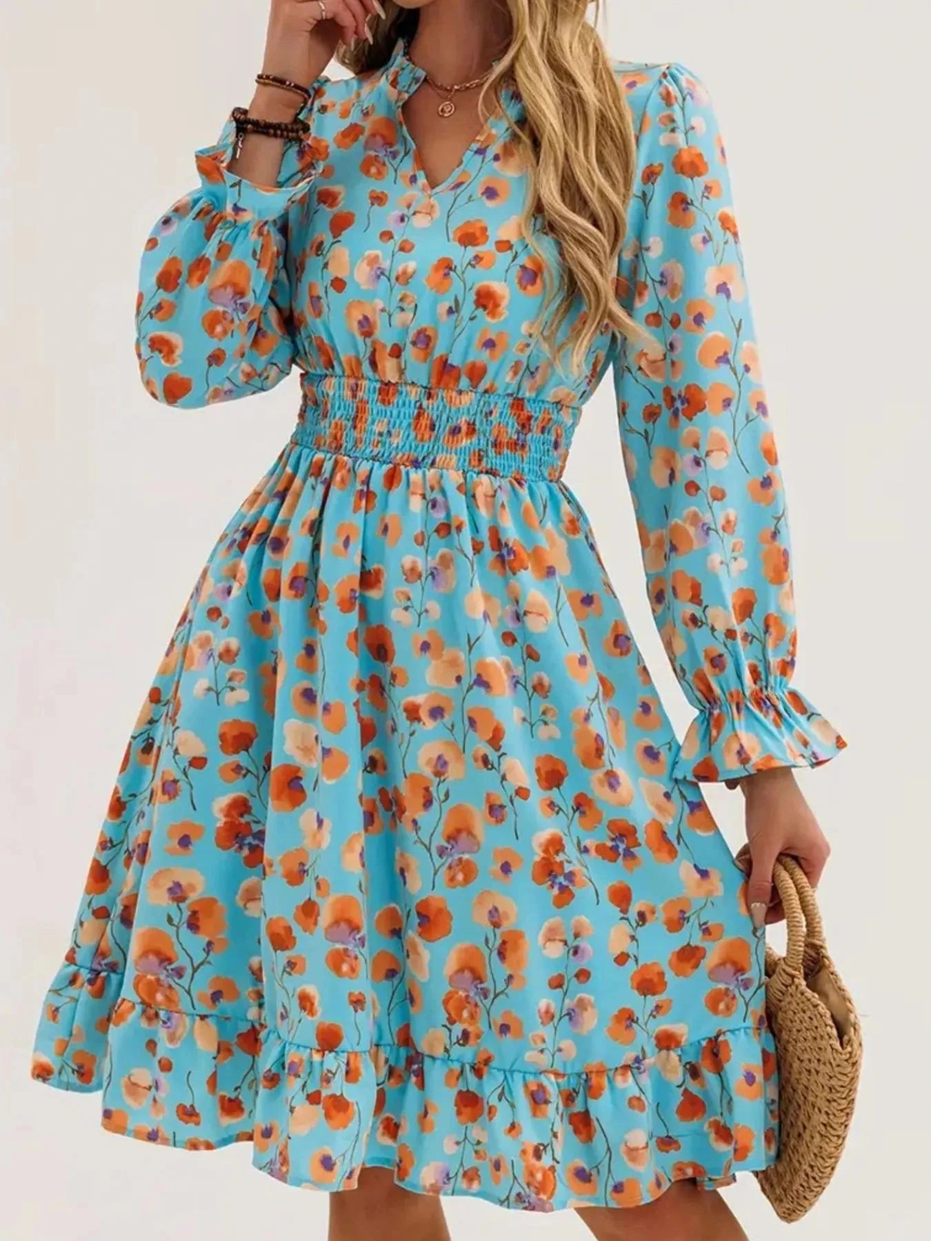 Floral Print Flounce Sleeve Ruffle Hem Dress Peacock Blue / S
