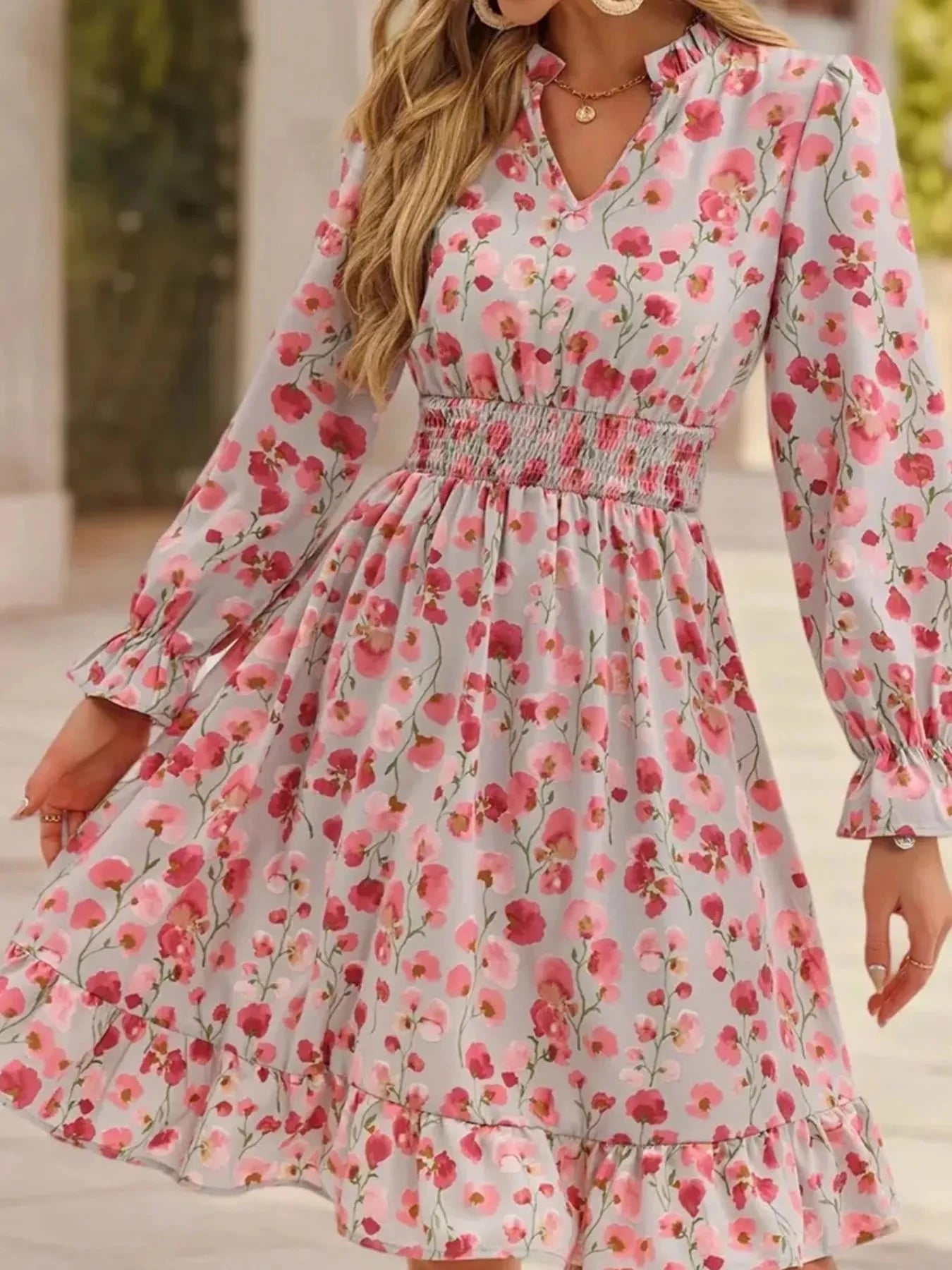 Floral Print Flounce Sleeve Ruffle Hem Dress Pink Flower / S