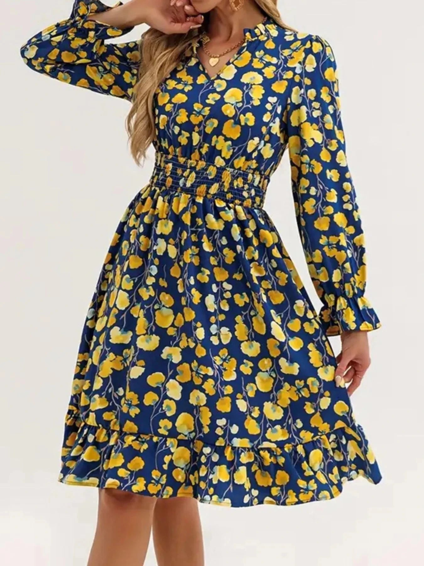 Floral Print Flounce Sleeve Ruffle Hem Dress Yellow Flower / S