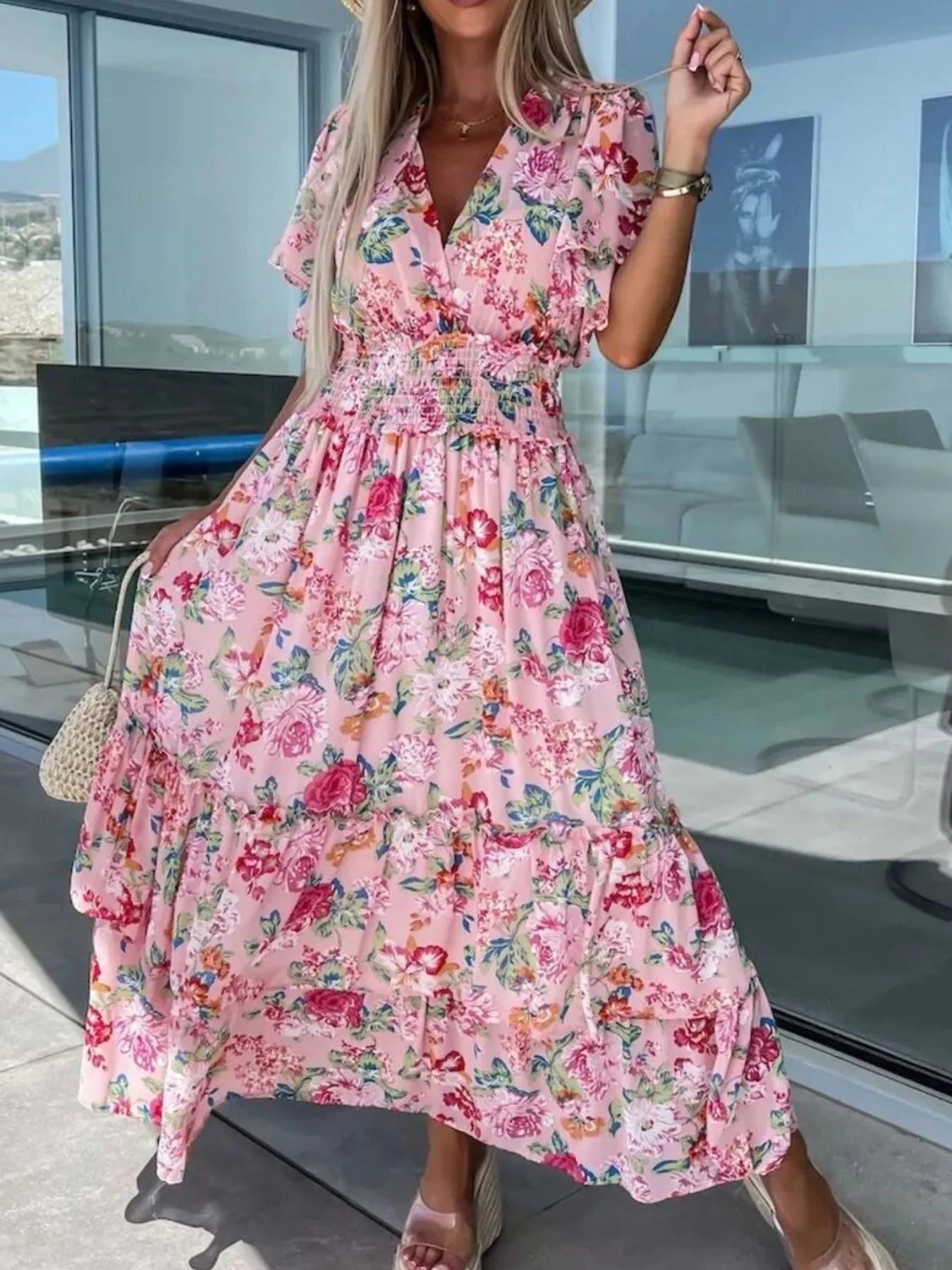 Floral Print Flutter Sleeve Maxi Dress Blush Pink / S