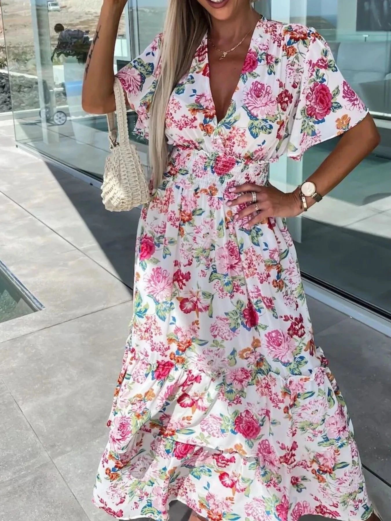 Floral Print Flutter Sleeve Maxi Dress White / S