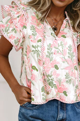 Floral Print Flutter Sleeve Tie Neck Blouse