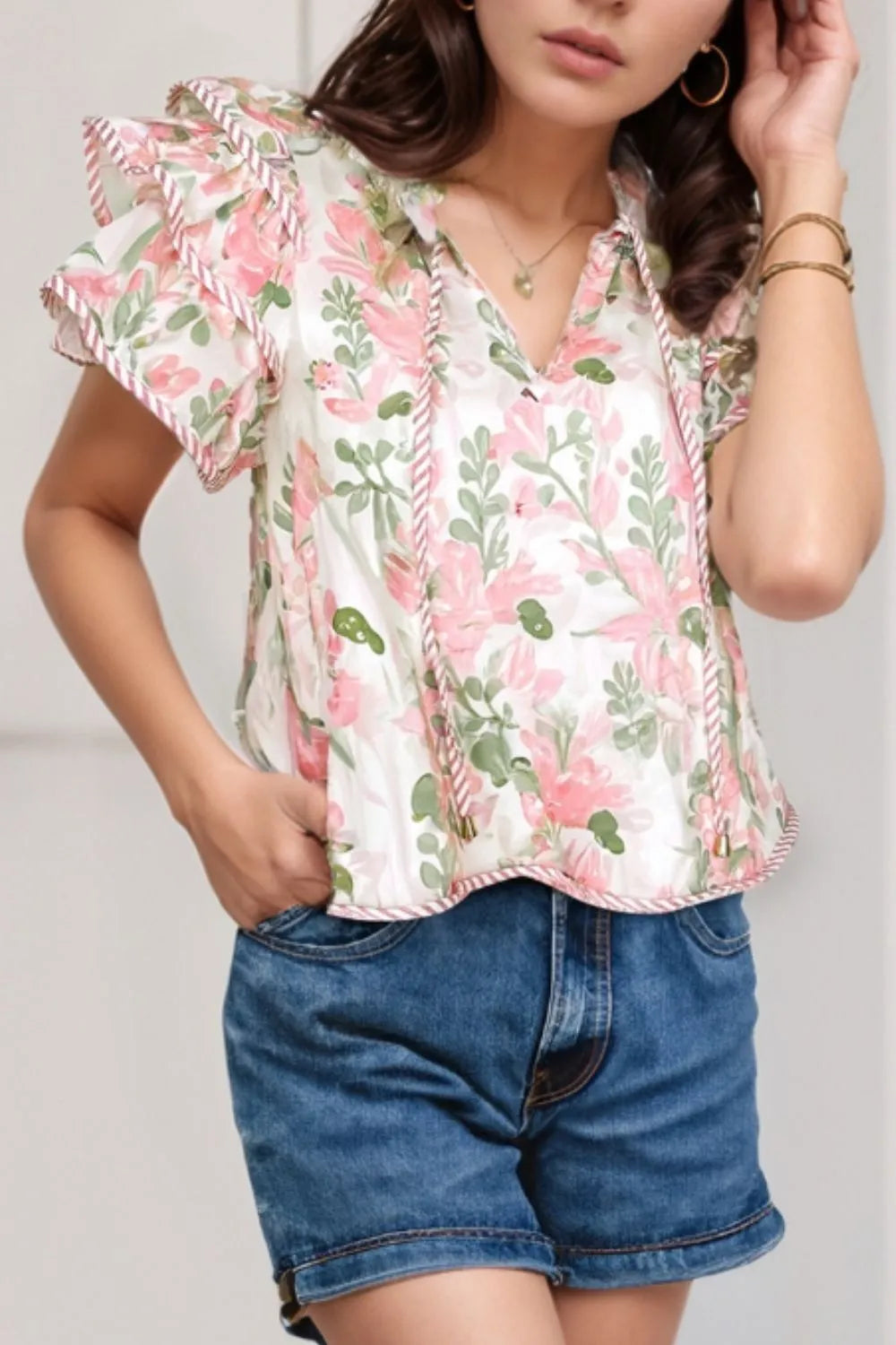 Floral Print Flutter Sleeve Tie Neck Blouse Blush Pink / S