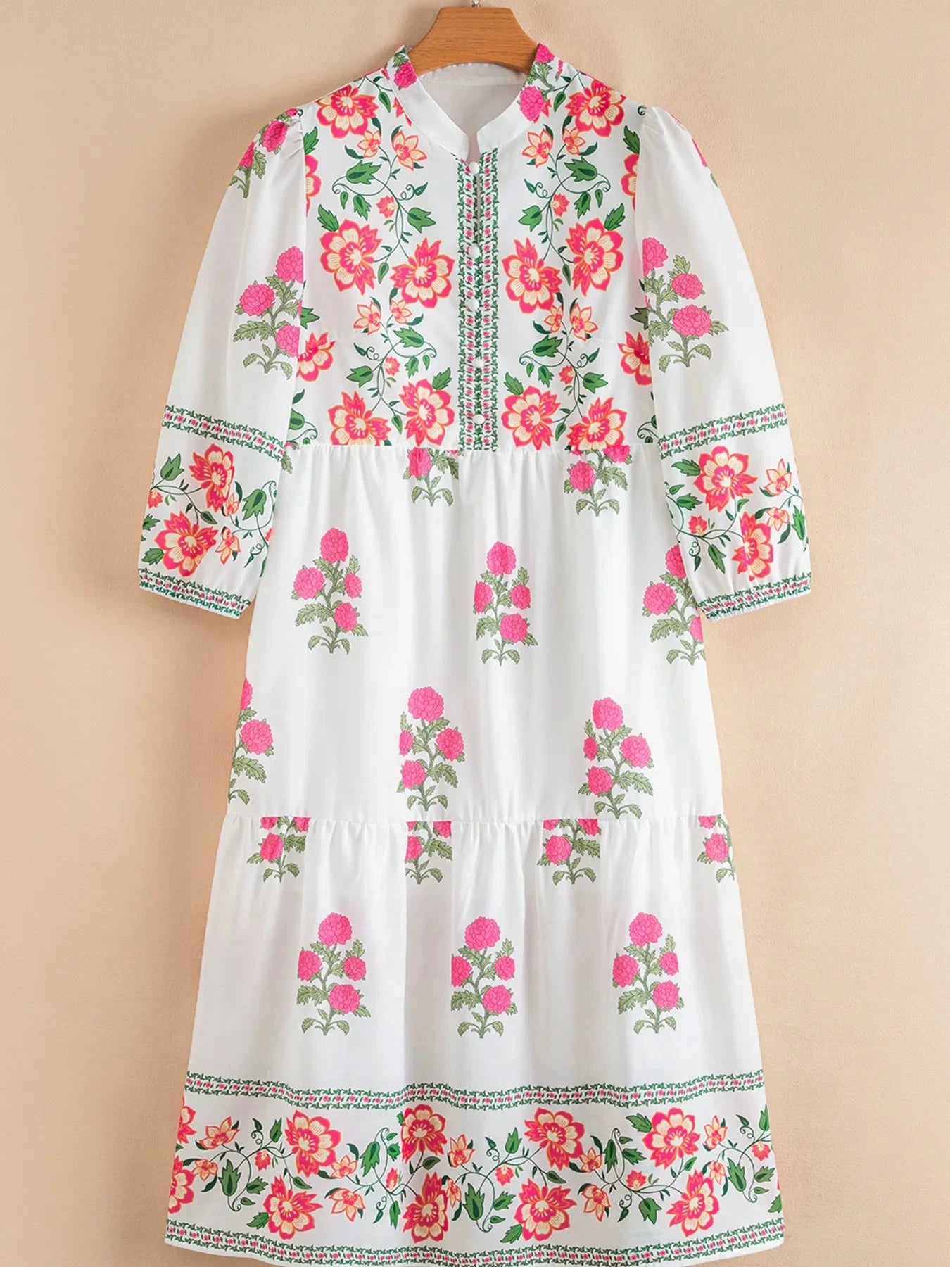 Floral Print Half Button Mandarin Neck 3/4 Sleeve Maxi Dress