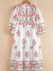 Floral Print Half Button Mandarin Neck 3/4 Sleeve Maxi Dress