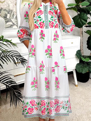 Floral Print Half Button Mandarin Neck 3/4 Sleeve Maxi Dress White / S