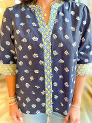 Floral Print Half Sleeve Contrast Trim Blouse Navy / S