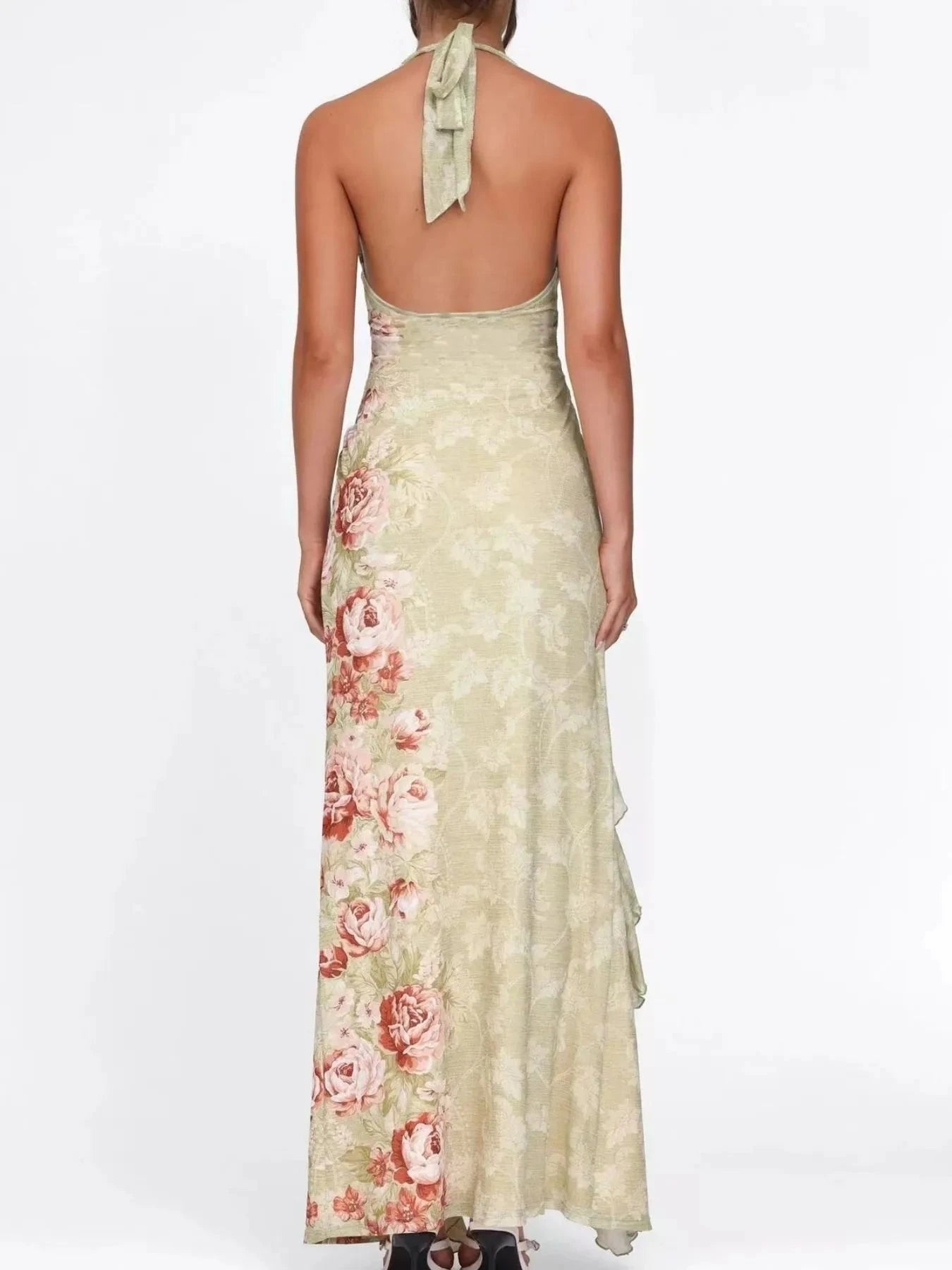 Floral Print Halter Neck Ruched Maxi Dress