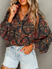 Floral Print Lantern Sleeve Loose Shirt Black / XS