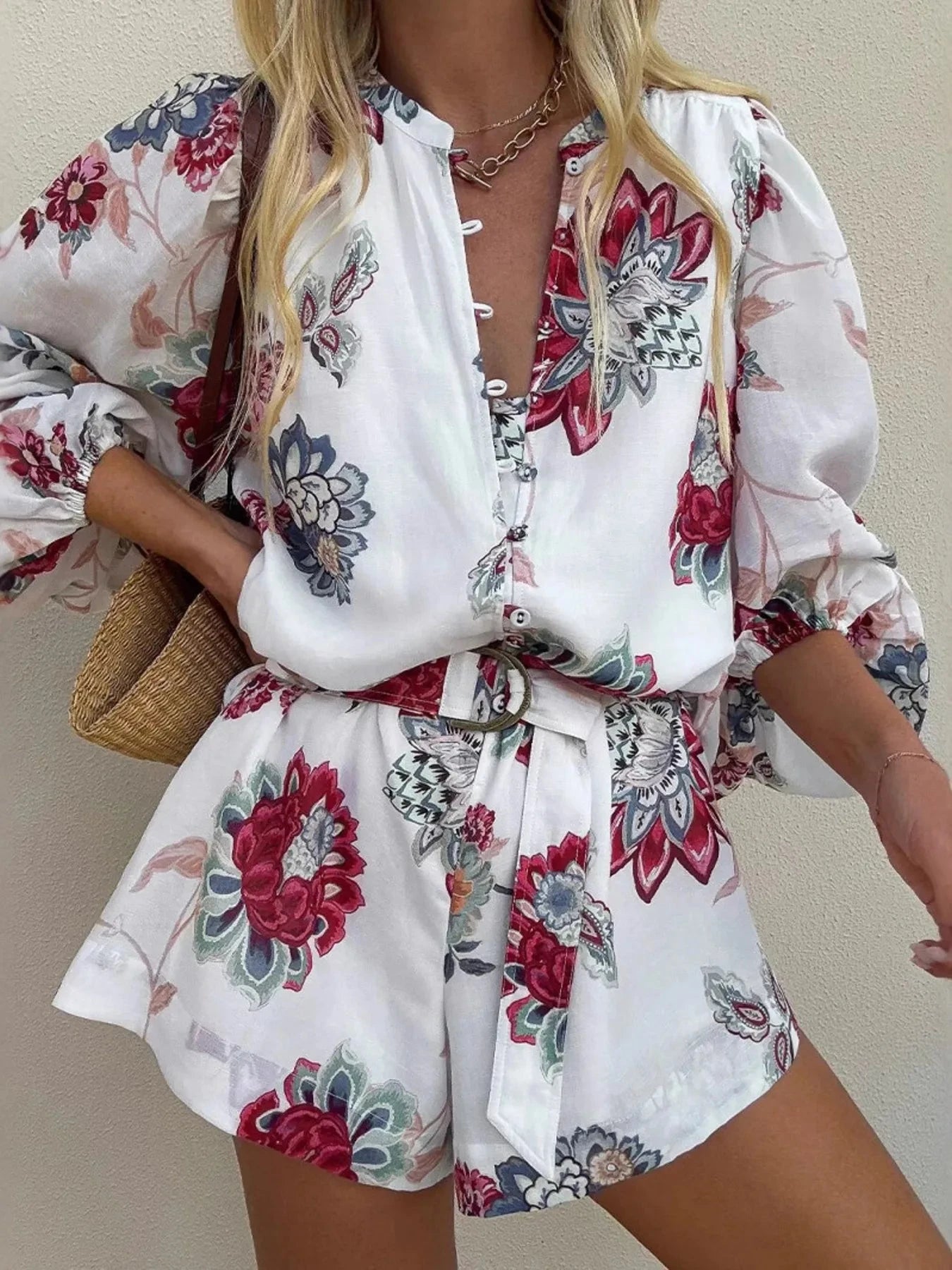Floral Print Long Sleeve Romper White / S