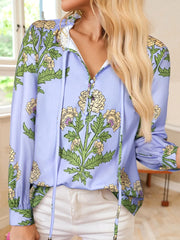 Floral Print Long Sleeve Tie Neck Blouse Blue Purple / S
