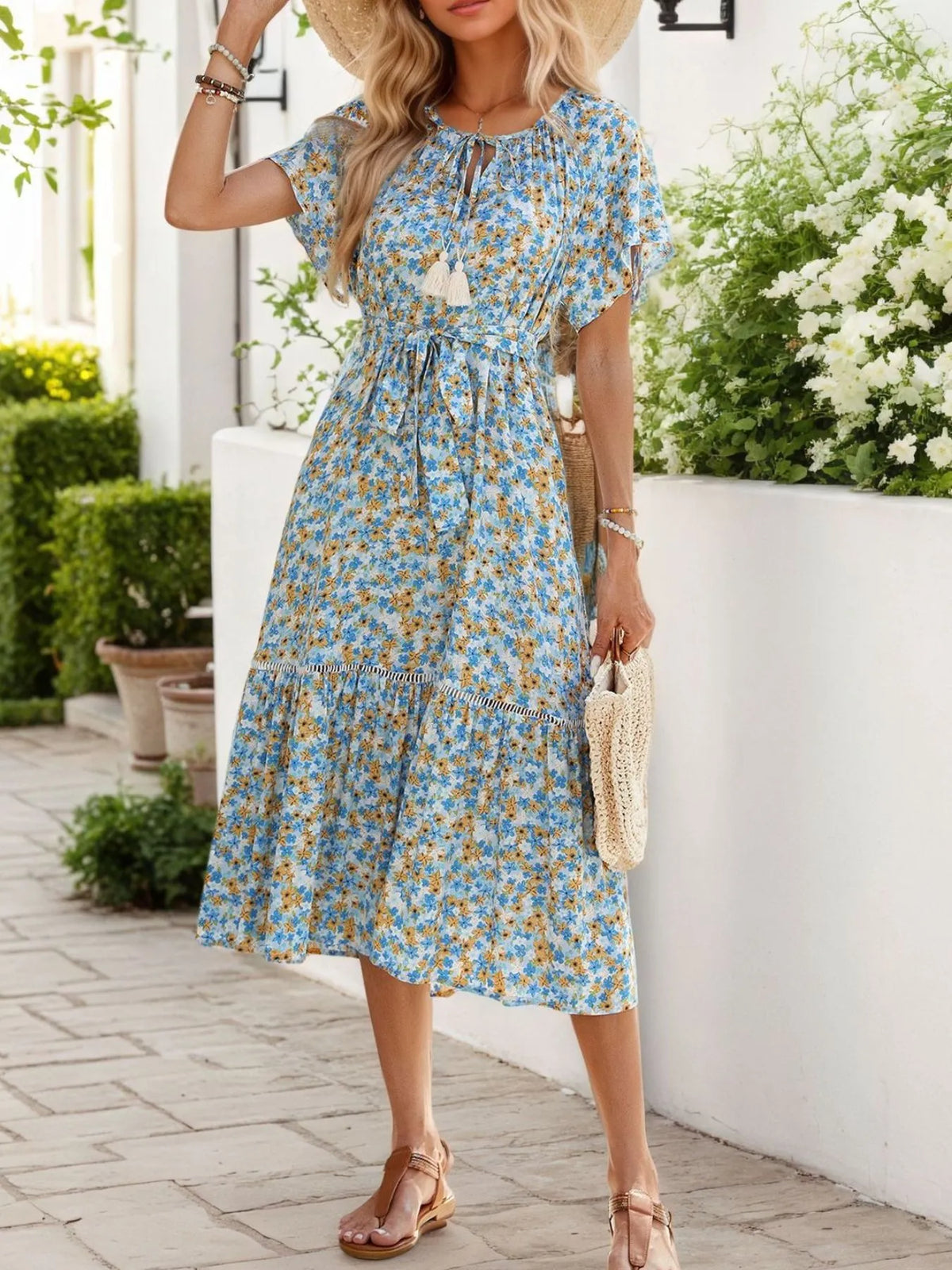 Floral Print Midi Dress with Tie Front Blue / S