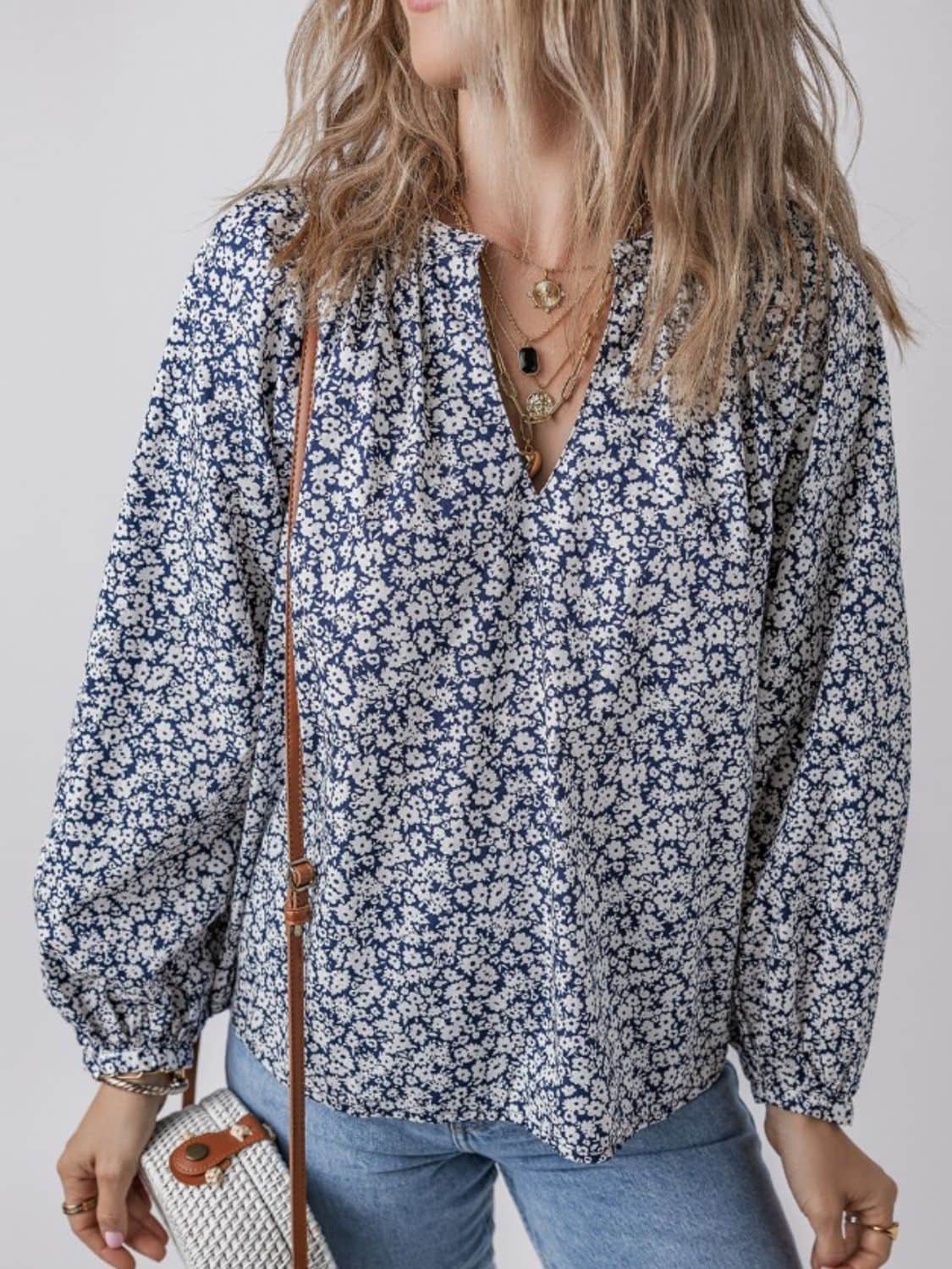 Floral Print Notched Long Sleeve Blouse Dusty Blue / S