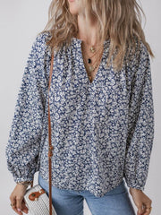 Floral Print Notched Long Sleeve Blouse Dusty Blue / S