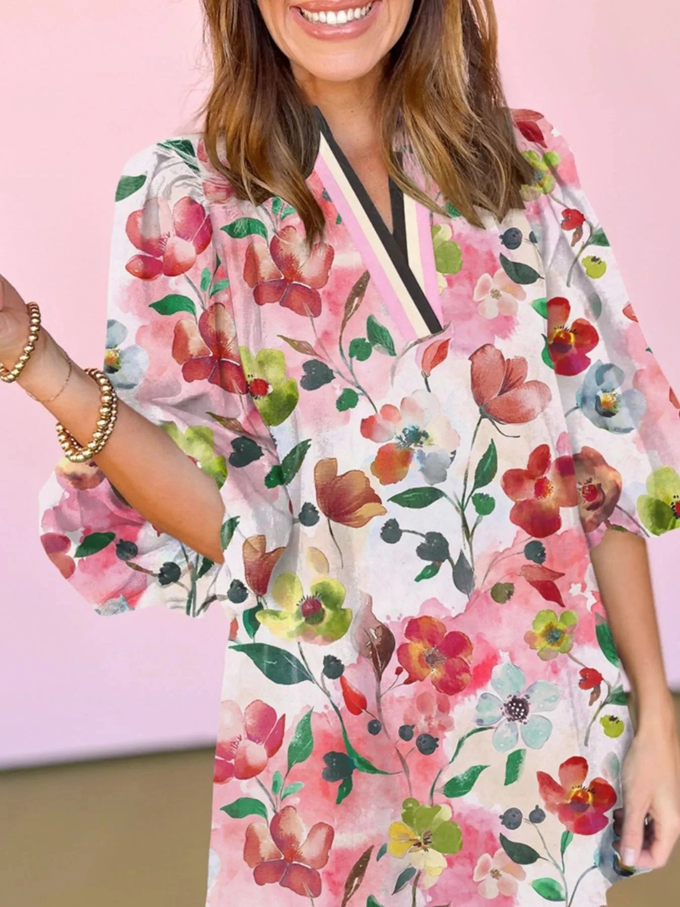 Floral Print Notched Tunic Dress