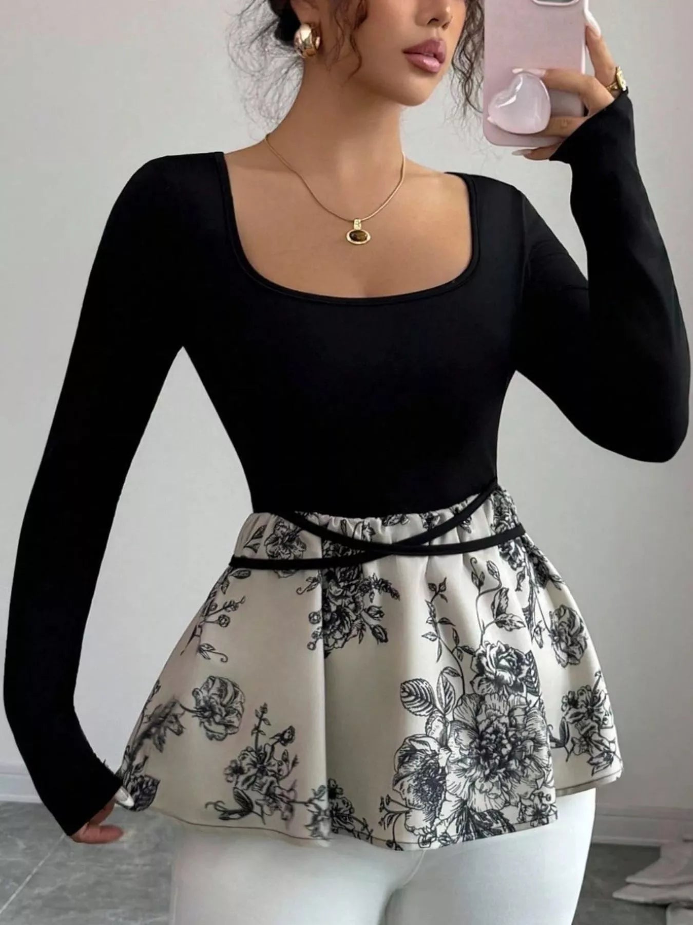 Floral Print Peplum Hem Long Sleeve Top Black / S