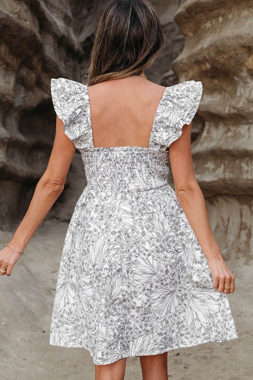 Floral Print Pipping Trim Ruffled Cap Sleeve Mini Dress