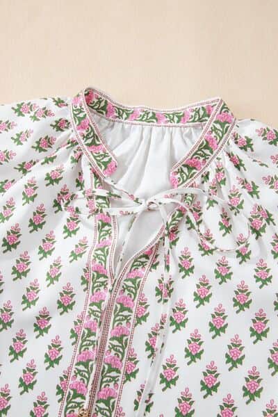 Floral Print Puff Sleeve Tie Neck Ruffled Hem Dress