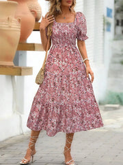 Floral Print Puff Sleeve Tiered Midi Dress