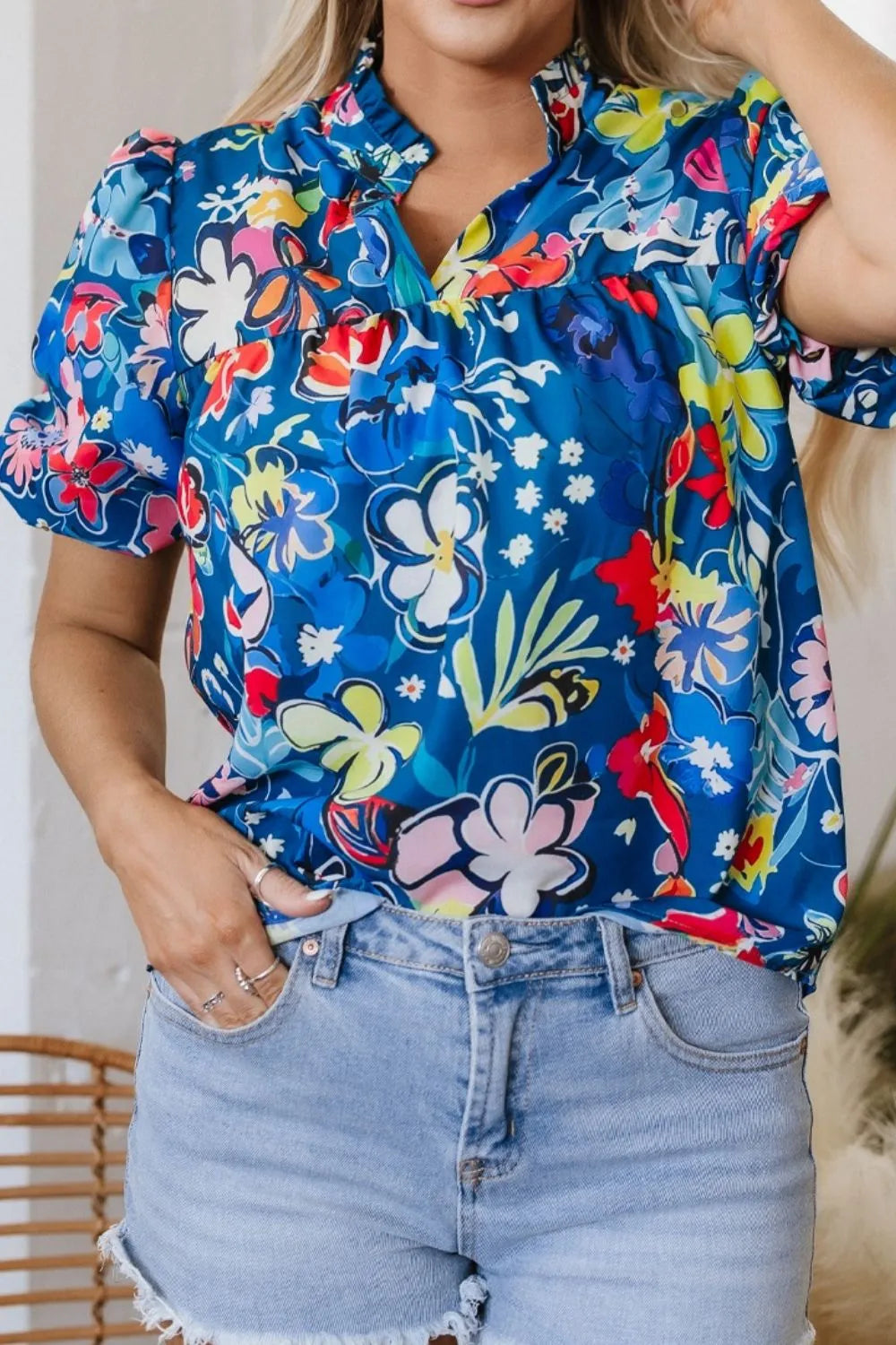 Floral Print Ruffle Sleeve Loose Blouse