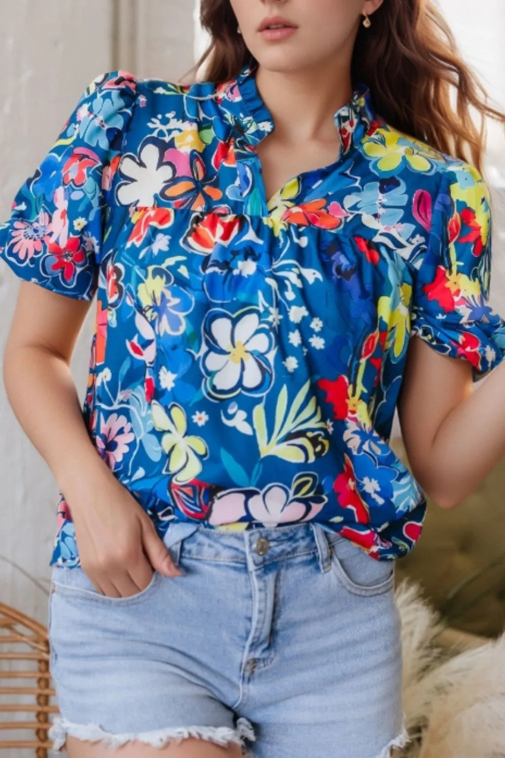 Floral Print Ruffle Sleeve Loose Blouse
