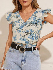 Floral Print Ruffle Sleeve V-Neck Blouse