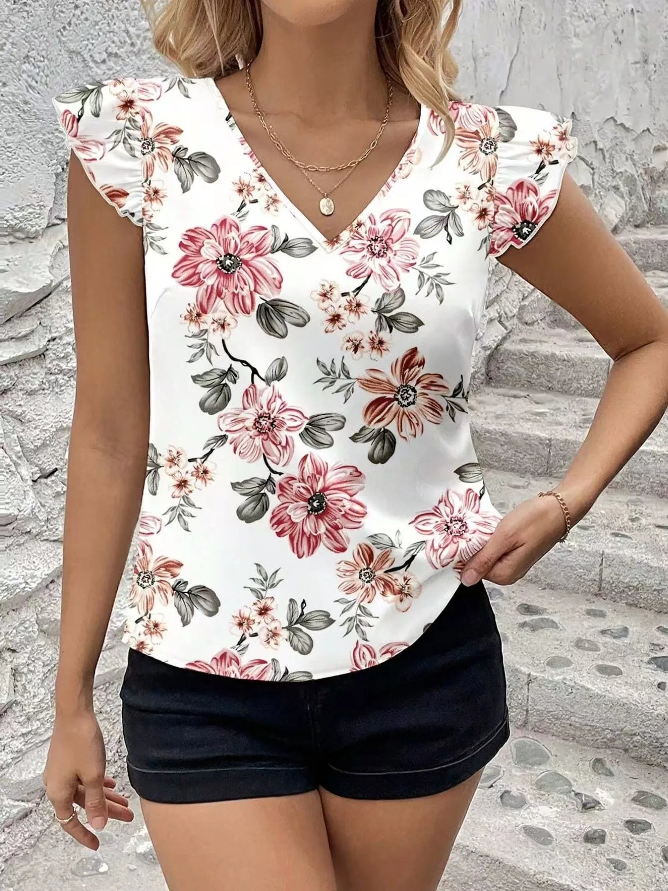 Floral Print Ruffle Sleeve V-Neck Blouse