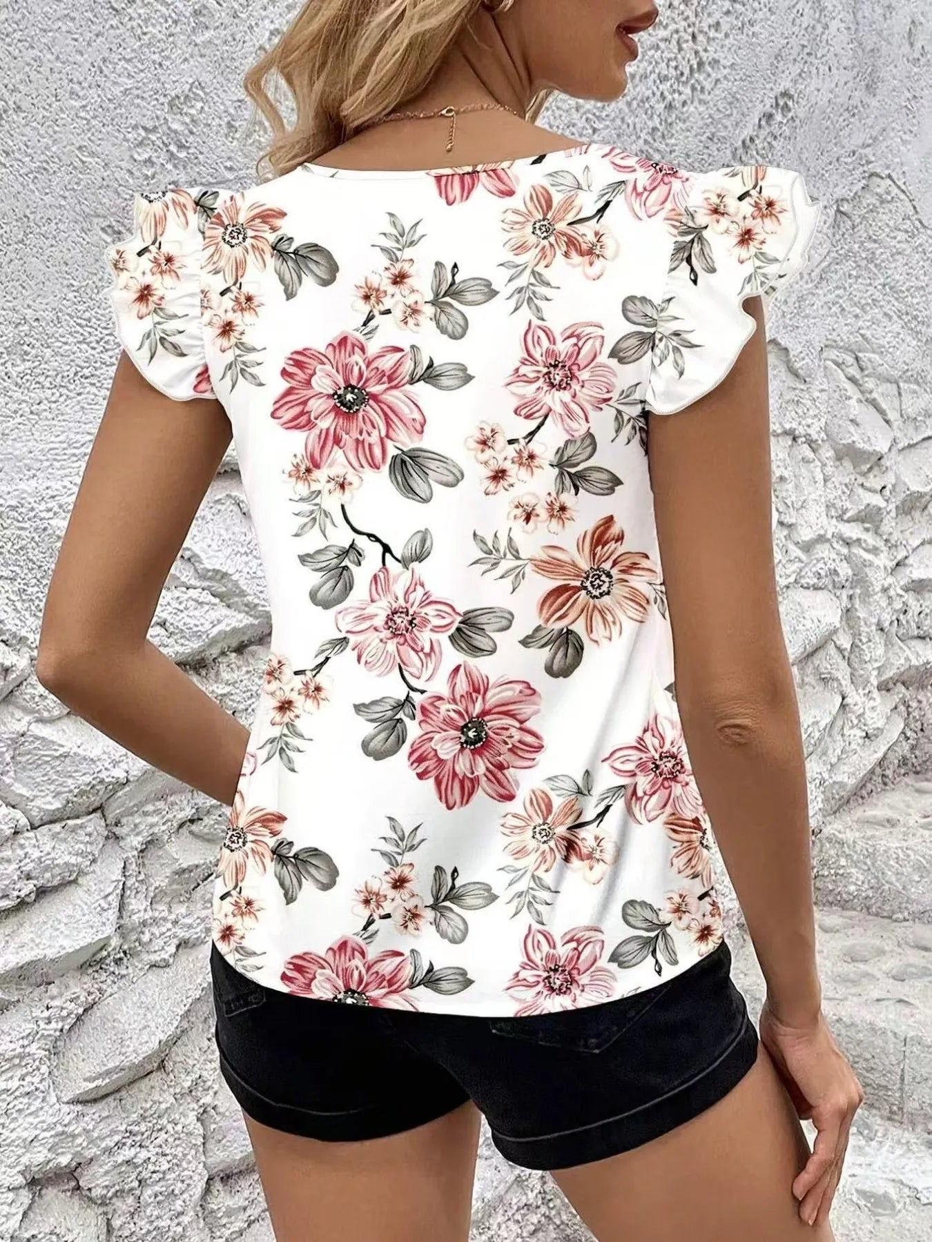 Floral Print Ruffle Sleeve V-Neck Blouse