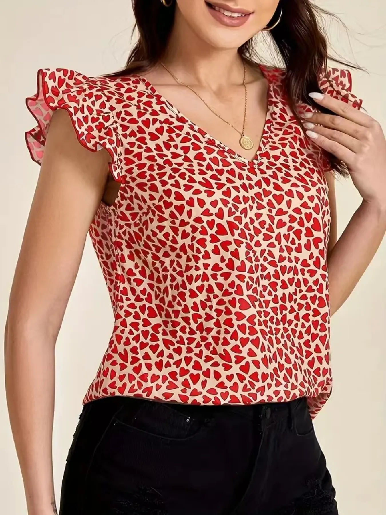 Floral Print Ruffle Sleeve V-Neck Blouse Red / S