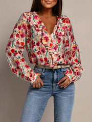 Floral Print Ruffle V-Neck Long Sleeve Blouse Floral / S