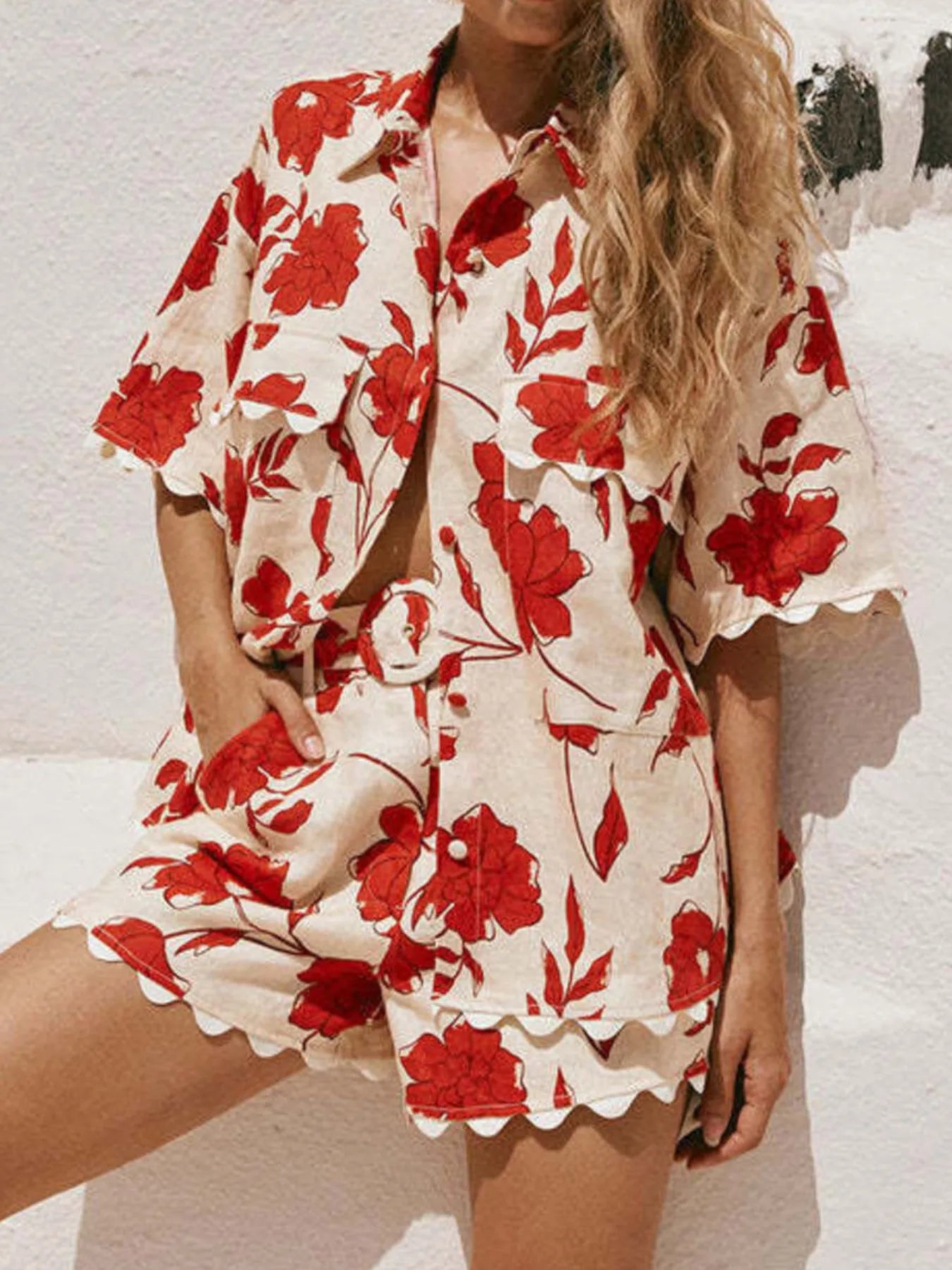 Floral Print Scalloped Edge Top and Shorts Set