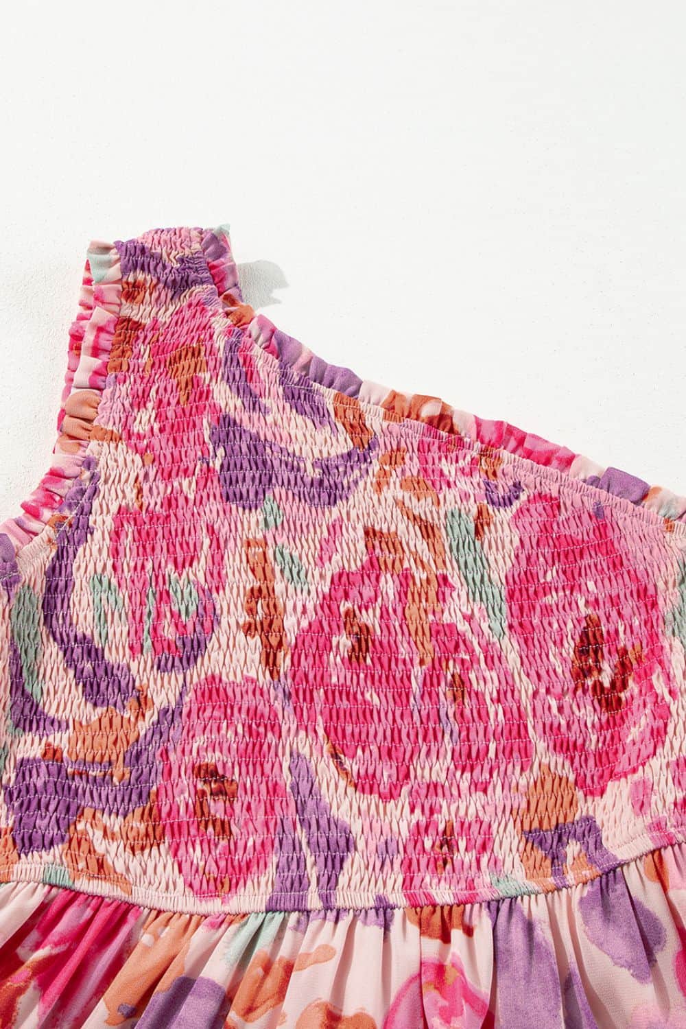 Floral Print Shirred One Shoulder Maxi Dress