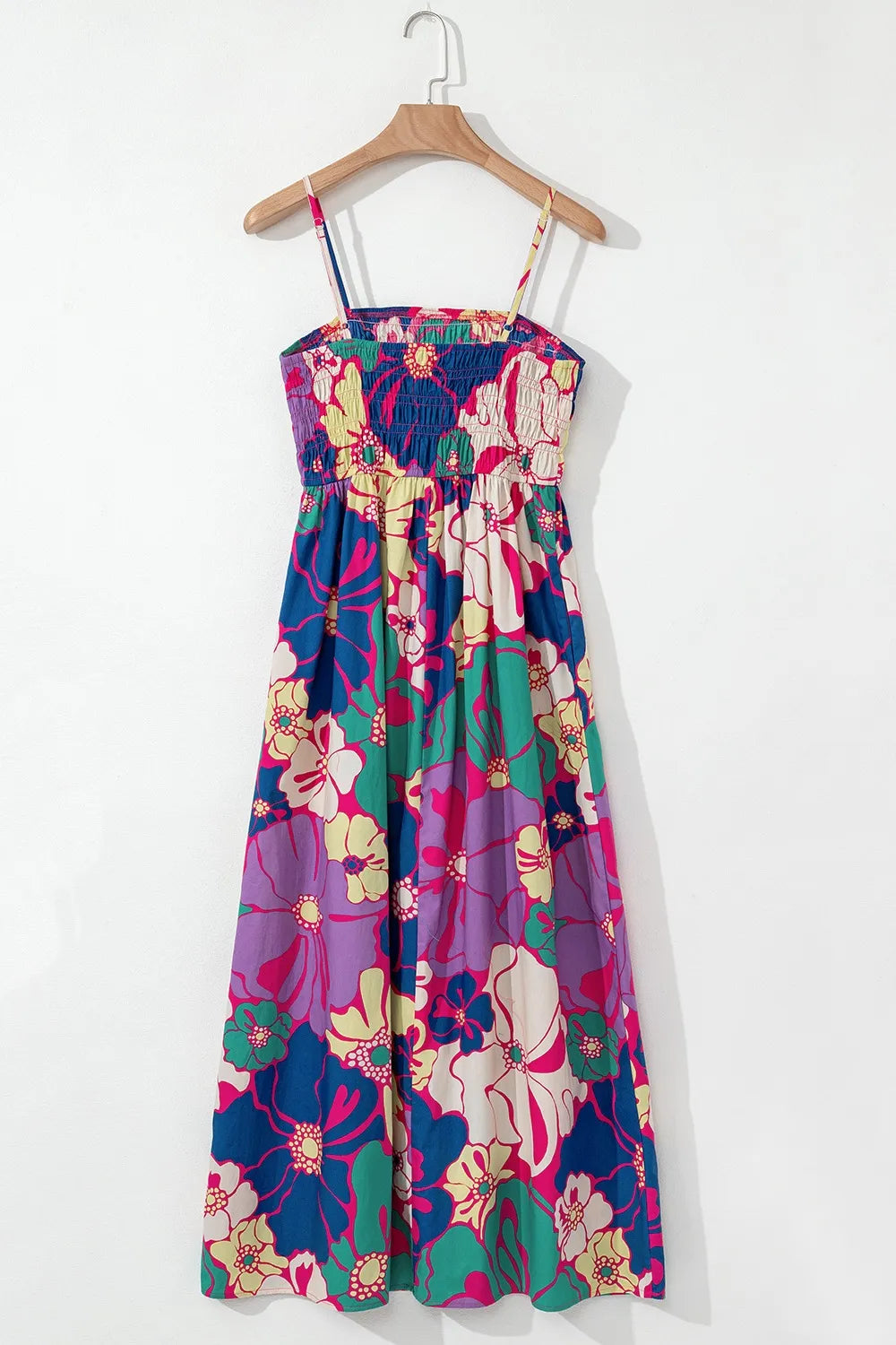 Floral Print Shirred Spaghetti Strap Loose Maxi Dress