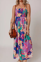Floral Print Shirred Spaghetti Strap Loose Maxi Dress Purple / S