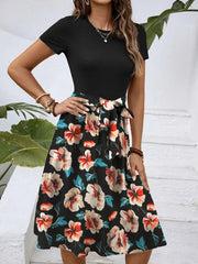 Floral Print Short Sleeve A-Line Dress