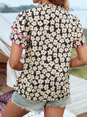 Floral Print Short Sleeve Blouse with Contrast Trim