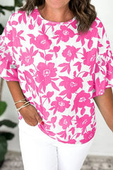 Floral Print Short Sleeve Casual Blouse Fuchsia Pink / S