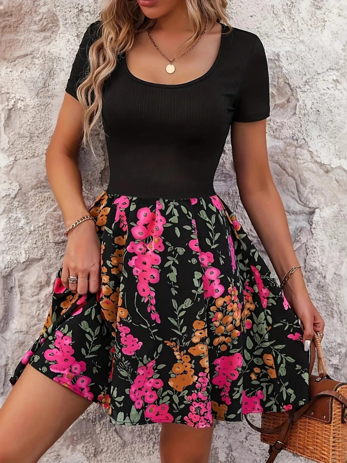 Floral Print Short Sleeve Mini Dress Hot Pink / S