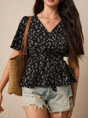 Floral Print Short Sleeve Peplum Blouse