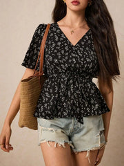Floral Print Short Sleeve Peplum Blouse Black / S