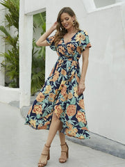 Floral Print Short Sleeve Wrap Midi Dress