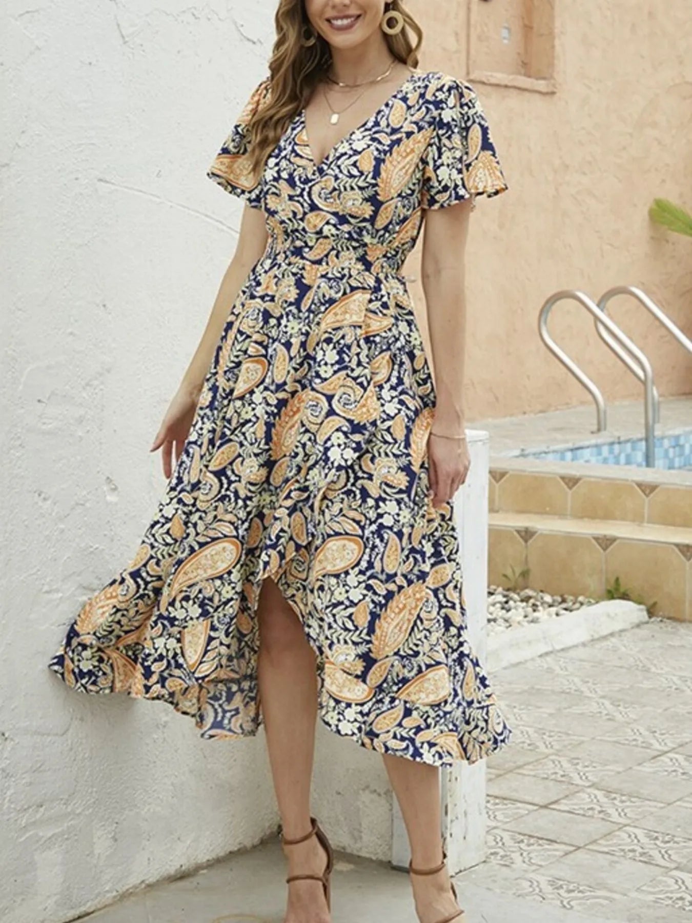 Floral Print Short Sleeve Wrap Midi Dress Orange / S