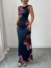 Floral Print Sleeveless Bodycon Maxi Dress Black / S