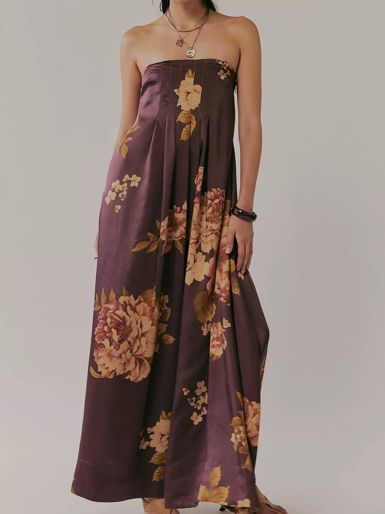 Floral Print Sleeveless Maxi Dress Brown / S