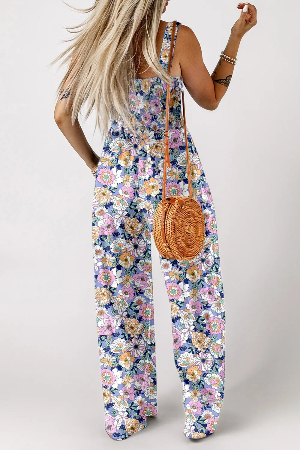 Floral Print Smocked High Waist Square Neck Jumpsuit