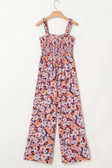 Floral Print Smocked High Waist Square Neck Jumpsuit