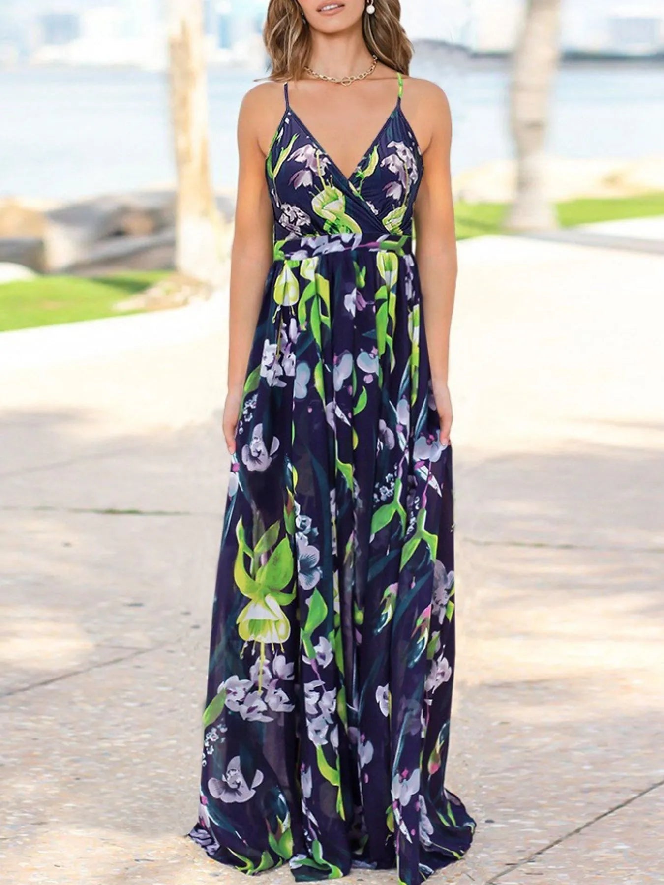 Floral Print Spaghetti Strap Maxi Dress Green / S
