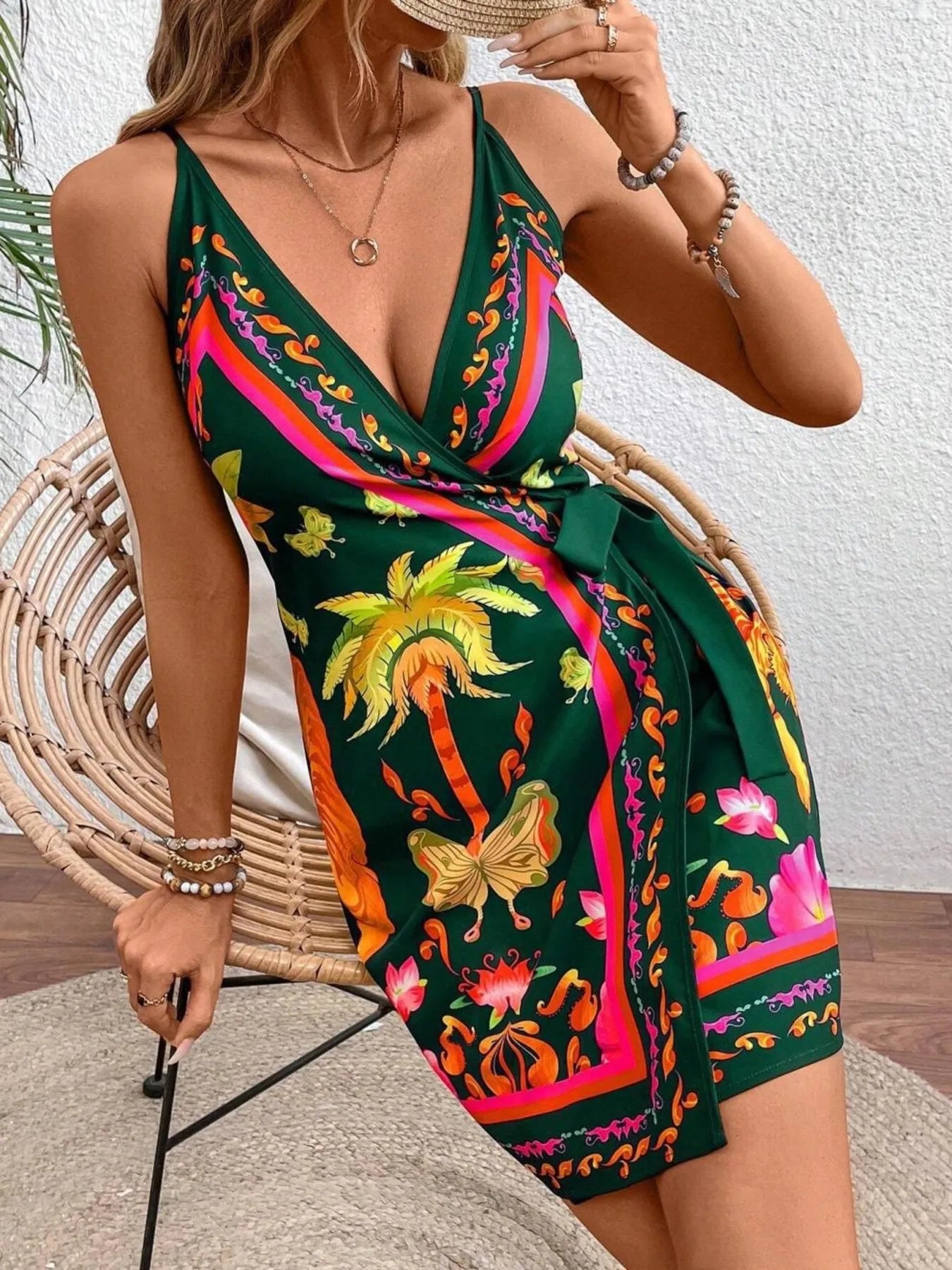 Floral Print Spaghetti Strap Wrap Mini Dress