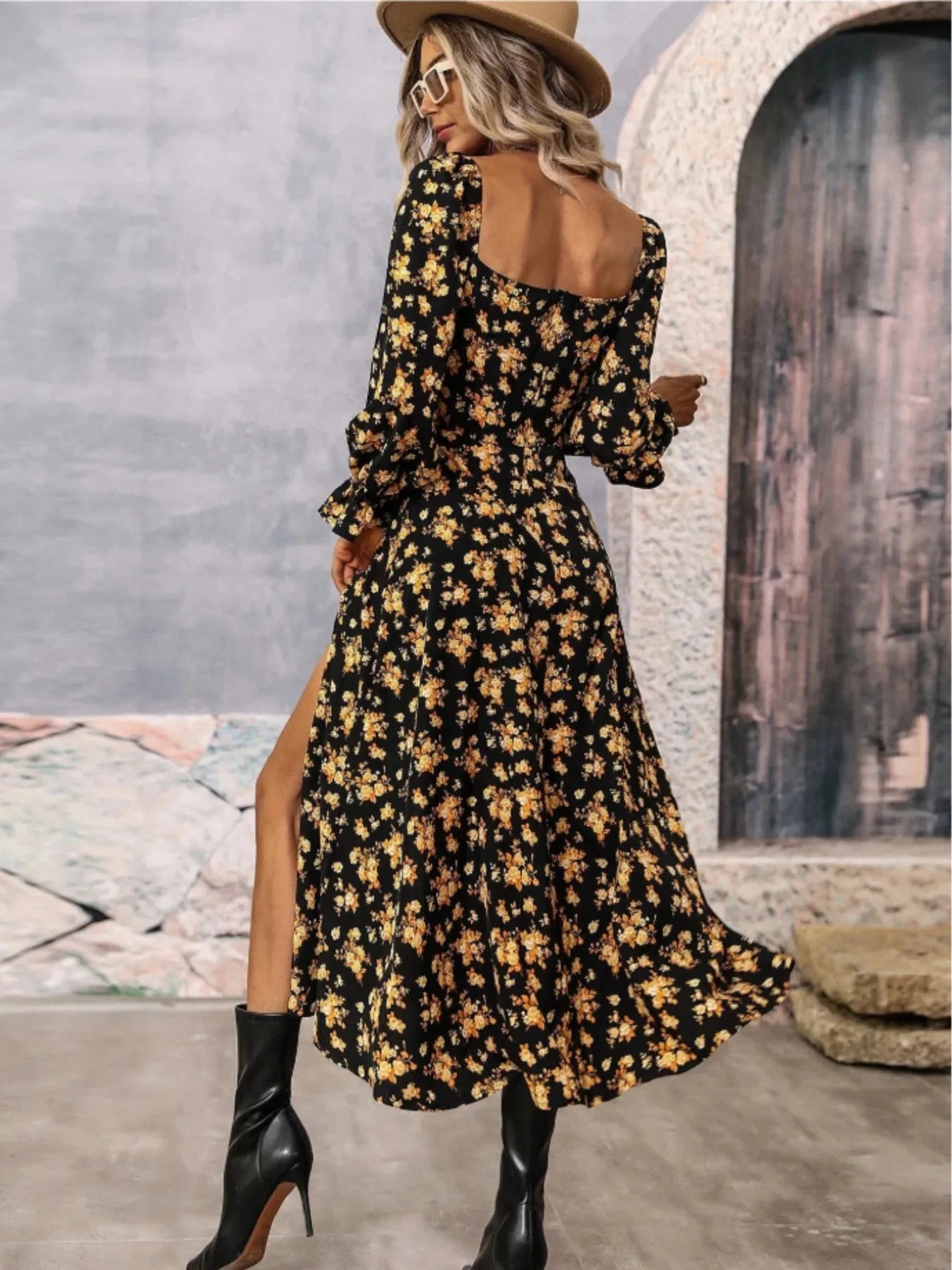 Floral Print Square Neck Flounce Sleeve Dress with Side Slit