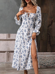 Floral Print Square Neck Flounce Sleeve Dress with Side Slit